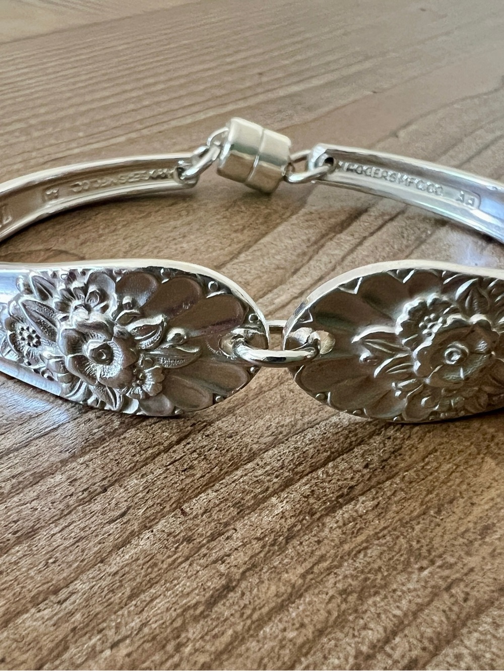 Vintage Upcycled Silverware Spoon Bracelet Rogers Mfg Co Floral Magnetic Clasp